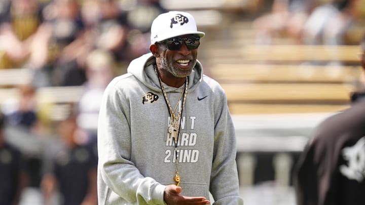 Sep 6, 2025; Boulder, Colorado, USA; Colorado Buffaloes head coach Deion Sanders before the game against the Delaware Fightin Blue Hens at Folsom Field. Mandatory Credit: Ron Chenoy-Imagn Images Sep 6, 2025; Boulder, Colorado, USA; Colorado Buffaloes head coach Deion Sanders before the game against the Delaware Fightin Blue Hens at Folsom Field. Mandatory Credit: Ron Chenoy-Imagn Images