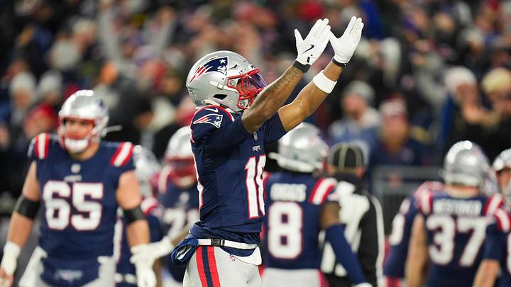 Jan 11, 2026; Foxborough, MA, USA; New England Patriots wide receiver Kyle Williams (18) celebrates a touchdown during the fourth quarter against the Los Angeles Chargers in an AFC Wild Card Round game at Gillette Stadium. Mandatory Credit: David Butler II-Imagn Images Jan 11, 2026; Foxborough, MA, USA; New England Patriots wide receiver Kyle Williams (18) celebrates a touchdown during the fourth quarter against the Los Angeles Chargers in an AFC Wild Card Round game at Gillette Stadium. Mandatory Credit: David Butler II-Imagn Images