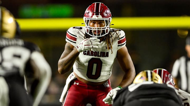 Nov 9, 2024; Nashville, Tennessee, USA;  South Carolina Gamecocks linebacker Debo Williams (0) looks into the backfield against the Vanderbilt Commodores during the first half at FirstBank Stadium. Mandatory Credit: Steve Roberts-Imagn Images