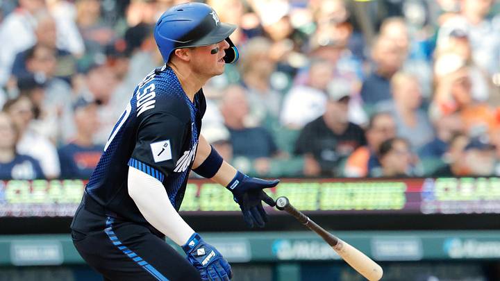 Detroit Tigers first baseman Spencer Torkelson (20) hits an RBI single. Detroit Tigers first baseman Spencer Torkelson (20) hits an RBI single.