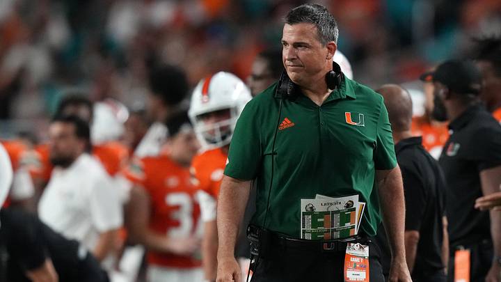 Nov 26, 2022; Miami Gardens, Florida, USA; Miami Hurricanes head coach Mario Cristobal stands on the sideline during the first half against the Pittsburgh Panthers at Hard Rock Stadium. Mandatory Credit: Jasen Vinlove-Imagn Images