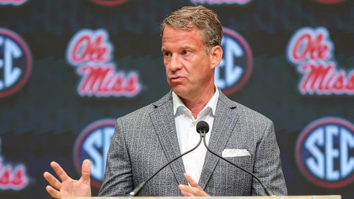 Jul 14, 2025; Atlanta, GA, USA; Ole Miss Rebels head coach Lane Kiffin speaks to the media during SEC Media Day at Omni Atlanta Hotel. Mandatory Credit: Jordan Godfree-Imagn Images Jul 14, 2025; Atlanta, GA, USA; Ole Miss Rebels head coach Lane Kiffin speaks to the media during SEC Media Day at Omni Atlanta Hotel. Mandatory Credit: Jordan Godfree-Imagn Images
