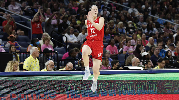 Aug 30, 2024; Chicago, Illinois, USA; Indiana Fever guard Caitlin Clark (22) celebrates after scoring against the Chicago Sky during the second half at Wintrust Arena. Mandatory Credit: Kamil Krzaczynski-Imagn Images Aug 30, 2024; Chicago, Illinois, USA; Indiana Fever guard Caitlin Clark (22) celebrates after scoring against the Chicago Sky during the second half at Wintrust Arena. Mandatory Credit: Kamil Krzaczynski-Imagn Images