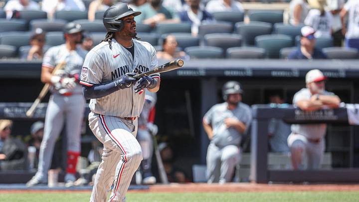Jul 4, 2026: Minnesota Twins designated hitter Josh Bell (56) hits a double in the third inning against the New York Yankees at Yankee Stadium. Mandatory Credit: Wendell Cruz-Imagn Images