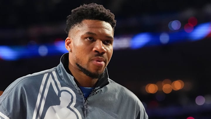 Feb 15, 2026; Inglewood, California, USA; Team World forward Giannis Antetokounmpo (34) of the Milwaukee Bucks looks on during the 75th NBA All Star Game at Intuit Dome. Mandatory Credit: Kirby Lee-Imagn Images