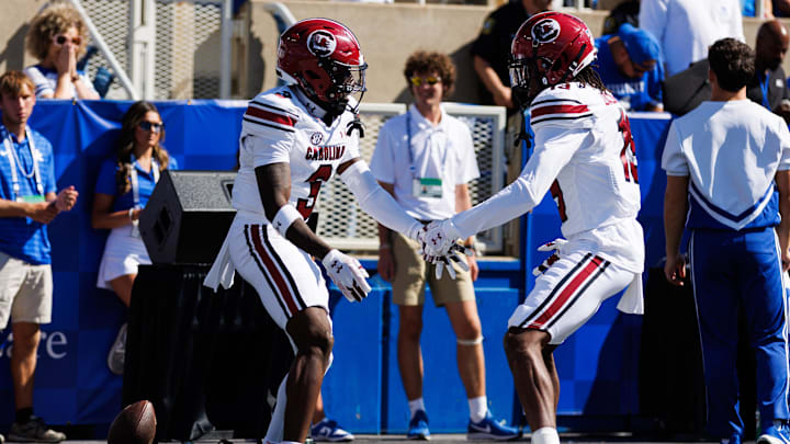 South Carolina football freshmen receivers Mazeo Bennett and Vandrevius Jacobs celebrating Bennett's touchdown last week