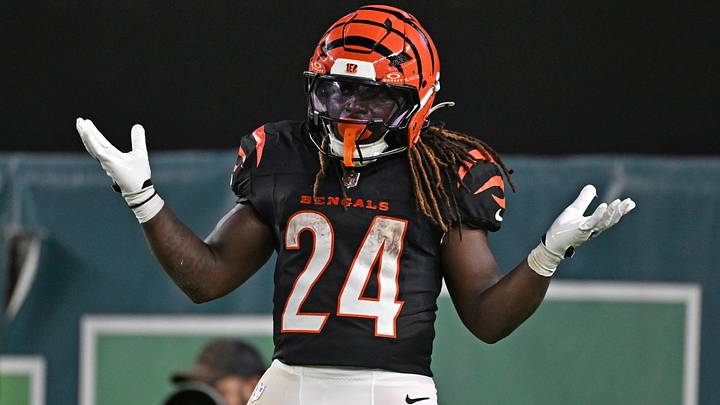 Aug 28, 2026; Philadelphia, Pennsylvania, USA; Cincinnati Bengals running back Jamal Haynes (24) celebrates his touchdown run against the Philadelphia Eagles during the second half at Lincoln Financial Field. Mandatory Credit: Eric Hartline-Imagn Images