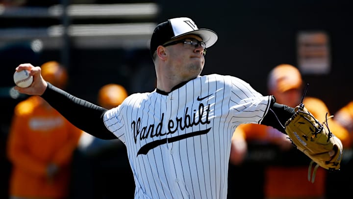 Vanderbilt pitcher Wyatt Nadeau (88) throws to a Tennessee batter during the first inning of a NCAA baseball game at Hawkins Field on Saturday, March 28, 2026, in Nashville, Tenn.