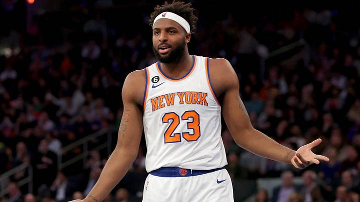 Jan 4, 2023; New York, New York, USA; New York Knicks center Mitchell Robinson (23) reacts after being called for a foul during the second quarter against the San Antonio Spurs at Madison Square Garden. Mandatory Credit: Brad Penner-USA TODAY Sports