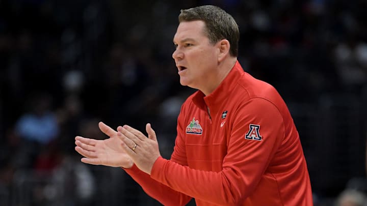 Mar 28, 2024; Los Angeles, CA, USA; Arizona Wildcats head coach Tommy Lloyd reacts in the first half against the Clemson Tigers in the semifinals of the West Regional of the 2024 NCAA Tournament at Crypto.com Arena. Mandatory Credit: Jayne Kamin-Oncea-Imagn Images Mar 28, 2024; Los Angeles, CA, USA; Arizona Wildcats head coach Tommy Lloyd reacts in the first half against the Clemson Tigers in the semifinals of the West Regional of the 2024 NCAA Tournament at Crypto.com Arena. Mandatory Credit: Jayne Kamin-Oncea-Imagn Images