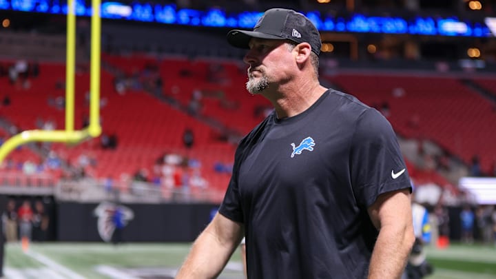 Aug 8, 2025; Atlanta, Georgia, USA; Detroit Lions head coach Dan Campbell before a game against the Atlanta Falcons at Mercedes-Benz Stadium. Mandatory Credit: Brett Davis-Imagn Images