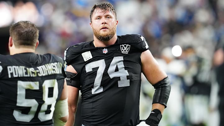 Jan 5, 2025; Paradise, Nevada, USA; Las Vegas Raiders offensive tackle Kolton Miller (74) reacts after the Raiders were defeated by the Los Angeles Chargers 34-20 at Allegiant Stadium. Mandatory Credit: Stephen R. Sylvanie-Imagn Images