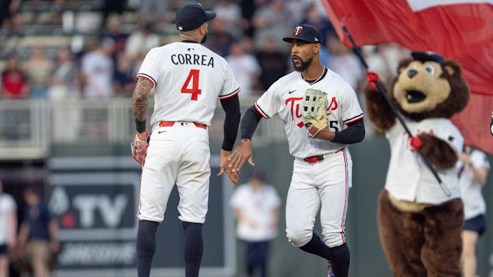 May 10, 2025; Minneapolis, Minnesota, USA; Minnesota Twins shortstop Carlos Correa (4) and Minnesota Twins outfielder Byron Buxton (25) celebrate a victory over the San Francisco Giants at Target Field. May 10, 2025; Minneapolis, Minnesota, USA; Minnesota Twins shortstop Carlos Correa (4) and Minnesota Twins outfielder Byron Buxton (25) celebrate a victory over the San Francisco Giants at Target Field.