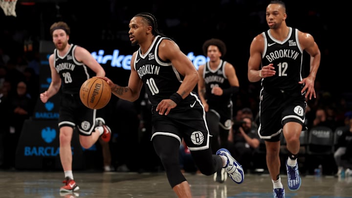 Apr 10, 2025; Brooklyn, New York, USA; Brooklyn Nets guard Tyson Etienne (10) brings the ball up court against the Atlanta Hawks during the second quarter at Barclays Center. Mandatory Credit: Brad Penner-Imagn Images Apr 10, 2025; Brooklyn, New York, USA; Brooklyn Nets guard Tyson Etienne (10) brings the ball up court against the Atlanta Hawks during the second quarter at Barclays Center. Mandatory Credit: Brad Penner-Imagn Images