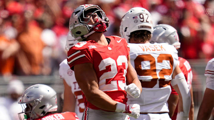 Ohio State Buckeyes linebacker Garrett Stover (23) celebrates during the second half of the NCAA football game against the Texas Longhorns at Ohio Stadium on Aug. 30, 2025. Ohio State won 14-7.