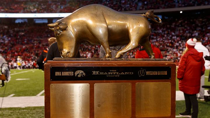 Oct 14, 2023; Madison, Wisconsin, USA; General view of The Heartland Trophy during the game between the Iowa Hawkeyes and Wisconsin Badgers at Camp Randall Stadium. Mandatory Credit: Jeff Hanisch-USA TODAY Sports Oct 14, 2023; Madison, Wisconsin, USA; General view of The Heartland Trophy during the game between the Iowa Hawkeyes and Wisconsin Badgers at Camp Randall Stadium. Mandatory Credit: Jeff Hanisch-USA TODAY Sports