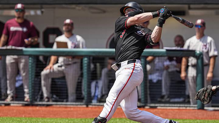 Jun 6, 2026; Athens, GA, USA; Georgia Bulldogs catcher Daniel Jackson (3) hits a home run against the Mississippi State Bulldogs at Foley Field. Mandatory Credit: Dale Zanine-Imagn Images