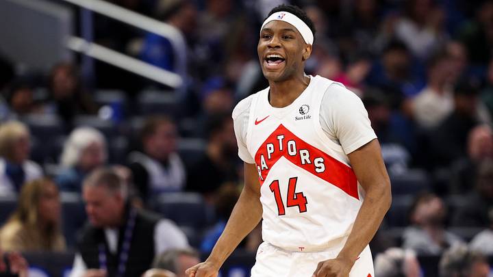 Jan 30, 2026; Orlando, Florida, USA; Toronto Raptors guard Ja'kobe Walter (14) reacts after a basket against the Orlando Magic in the second quarter at Kia Center. Mandatory Credit: Nathan Ray Seebeck-Imagn Images