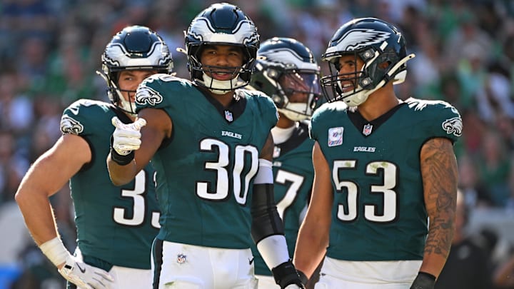 Oct 5, 2025; Philadelphia, Pennsylvania, USA; Philadelphia Eagles linebacker Jihaad Campbell (30) and linebacker Zack Baun (53) against the Denver Broncos at Lincoln Financial Field. Mandatory Credit: Eric Hartline-Imagn Images