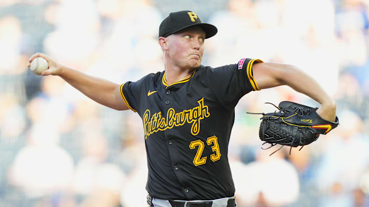Jul 8, 2025; Kansas City, Missouri, USA; Pittsburgh Pirates starting pitcher Mitch Keller (23) pitches during the first inning against the Kansas City Royals at Kauffman Stadium. Mandatory Credit: Jay Biggerstaff-Imagn Images