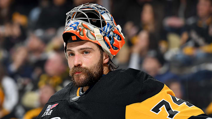 Stuart Skinner was still in his Oilers mask during his first game for the Pittsburgh Penguins Stuart Skinner was still in his Oilers mask during his first game for the Pittsburgh Penguins
