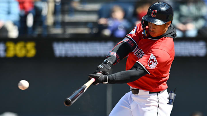 Apr 8, 2026: Cleveland Guardians second baseman Juan Brito (34) hits an RBI double during the fifth inning against the Kansas City Royals at Progressive Field. Apr 8, 2026: Cleveland Guardians second baseman Juan Brito (34) hits an RBI double during the fifth inning against the Kansas City Royals at Progressive Field.