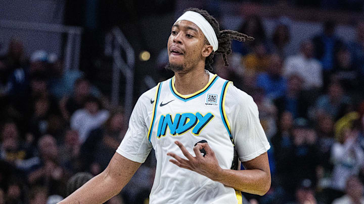 Nov 24, 2024; Indianapolis, Indiana, USA; Indiana Pacers center Moses Brown (3) celebrates a made basket in the second half against the Washington Wizards at Gainbridge Fieldhouse. Mandatory Credit: Trevor Ruszkowski-Imagn Images