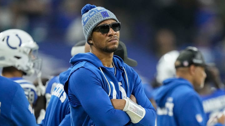 Indianapolis Colts quarterback Anthony Richardson (5) watches the action on the field from the sideline Sunday, Dec. 28, 2025, during a game against the Jacksonville Jaguars at Lucas Oil Stadium in Indianapolis.