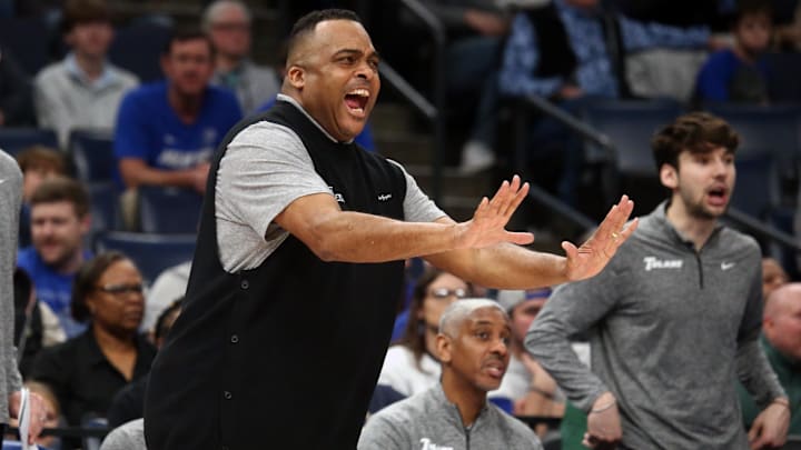 Feb 11, 2024; Memphis, Tennessee, USA; Tulane Green Wave head coach Ron Hunter reacts during the first half against the Memphis Tigers at FedExForum. Feb 11, 2024; Memphis, Tennessee, USA; Tulane Green Wave head coach Ron Hunter reacts during the first half against the Memphis Tigers at FedExForum.