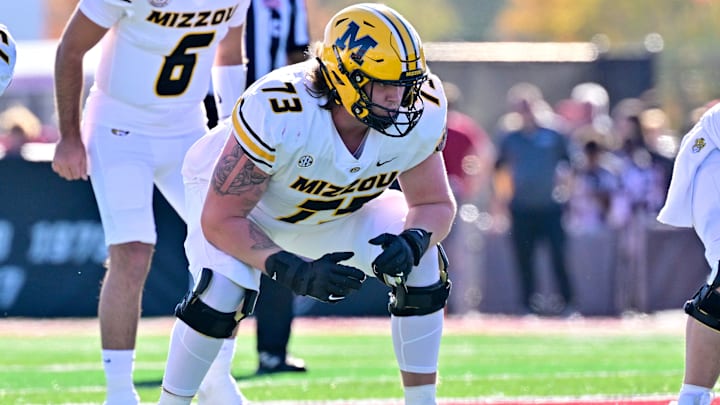 Oct 12, 2024; Amherst, Massachusetts, USA; Missouri Tigers offensive lineman Tristan Wilson (73) lines up against the Massachusetts Minutemen during the second half at Warren McGuirk Alumni Stadium.