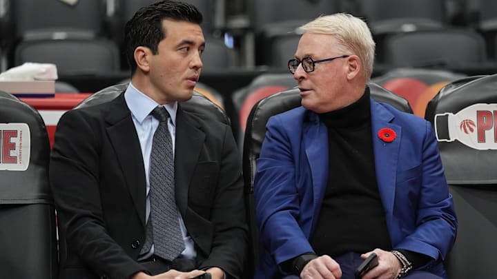 Nov 4, 2025; Toronto, Ontario, CAN; Toronto Raptors general manager Bobby Webster (left) and Maple Leaf Sports and Entertainment president and CEO Keith Pelley talk during warm up before a game against the Milwaukee Bucks at Scotiabank Arena. Mandatory Credit: John E. Sokolowski-Imagn Images Nov 4, 2025; Toronto, Ontario, CAN; Toronto Raptors general manager Bobby Webster (left) and Maple Leaf Sports and Entertainment president and CEO Keith Pelley talk during warm up before a game against the Milwaukee Bucks at Scotiabank Arena. Mandatory Credit: John E. Sokolowski-Imagn Images