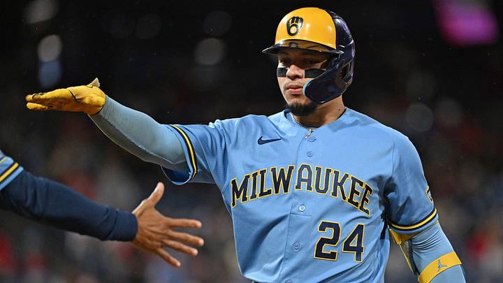 Sep 22, 2026; Philadelphia, Pennsylvania, USA; Milwaukee Brewers catcher William Contreras (24) celebrates his two-RBI single during the sixth inning against the Philadelphia Phillies at Citizens Bank Park. Mandatory Credit: Eric Hartline-Imagn Images Sep 22, 2026; Philadelphia, Pennsylvania, USA; Milwaukee Brewers catcher William Contreras (24) celebrates his two-RBI single during the sixth inning against the Philadelphia Phillies at Citizens Bank Park. Mandatory Credit: Eric Hartline-Imagn Images