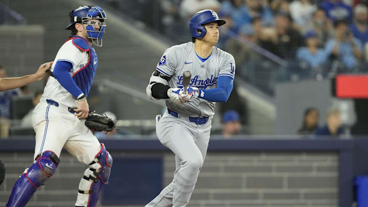 Apr 27, 2024; Toronto, Ontario, CAN; Los Angeles Dodgers designated hitter Shohei Ohtani (17) hits a