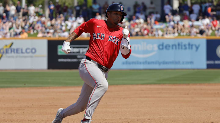 Mar 13, 2025; Port St. Lucie, Florida, USA; Boston Red Sox second base Vaughn Grissom (5) rounds third base and scores during the second inning against the New York Mets at Clover Park. Mandatory Credit: Reinhold Matay-Imagn Images Mar 13, 2025; Port St. Lucie, Florida, USA; Boston Red Sox second base Vaughn Grissom (5) rounds third base and scores during the second inning against the New York Mets at Clover Park. Mandatory Credit: Reinhold Matay-Imagn Images