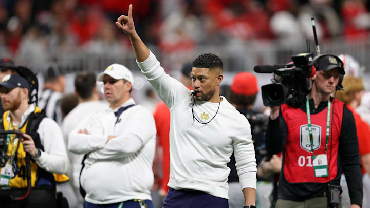 Jan 20, 2025; Atlanta, GA, USA; Notre Dame Fighting Irish head coach Marcus Freeman during warmups before the CFP National Championship college football game at Mercedes-Benz Stadium. 