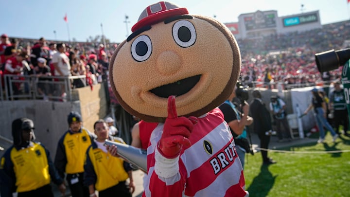 Ohio State Buckeyes mascot Brutus walks out onto the field prior to the College Football Playoff quarterfinal against the Oregon Ducks at the Rose Bowl in Pasadena, Calif. on Jan. 1, 2025.