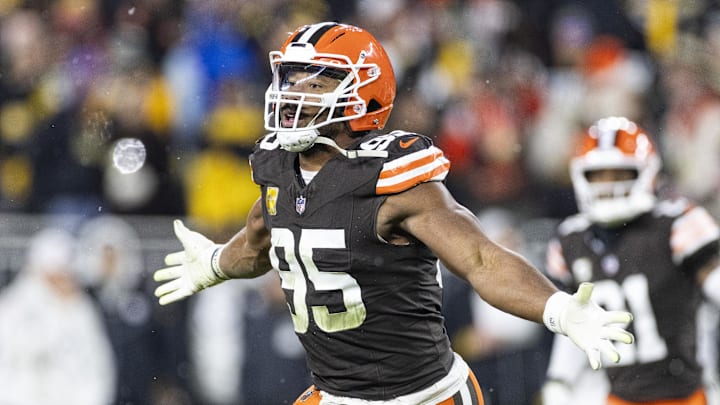 Nov 21, 2024; Cleveland, Ohio, USA; Cleveland Browns defensive end Myles Garrett (95) celebrates a team fumble recovery against the Pittsburgh Steelers during the second quarter at Huntington Bank Field Stadium.