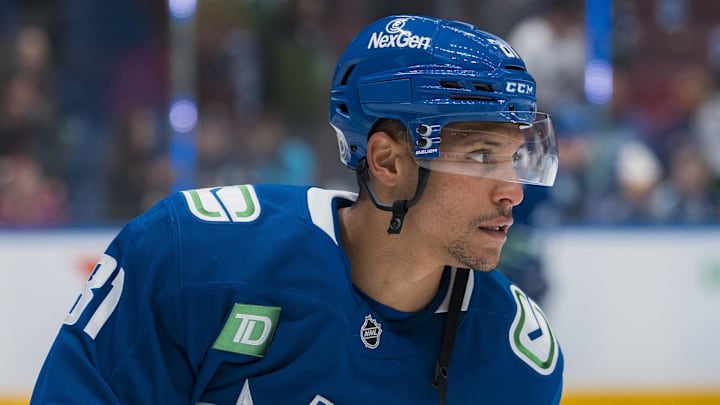 Mar 18, 2025; Vancouver, British Columbia, CAN; Vancouver Canucks forward Dakota Joshua (81) skates during warm up prior to a game against the Winnipeg Jets at Rogers Arena.  Mandatory Credit: Bob Frid-Imagn Images