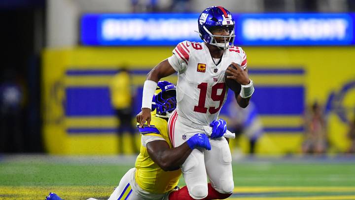 Sep 21, 2026; Inglewood, California, USA; New York Giants quarterback Jameis Winston (19) is tackled by Los Angeles Rams linebacker Byron Young (0) during the third quarter at SoFi Stadium. Sep 21, 2026; Inglewood, California, USA; New York Giants quarterback Jameis Winston (19) is tackled by Los Angeles Rams linebacker Byron Young (0) during the third quarter at SoFi Stadium.