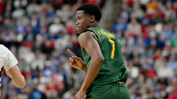 Mar 21, 2025; Raleigh, NC, USA; Baylor Bears guard VJ Edgecombe (7) celebrates during the second half against the Mississippi State Bulldogs in the first round of the NCAA Tournament at Lenovo Center. Mandatory Credit: Zachary Taft-Imagn Images