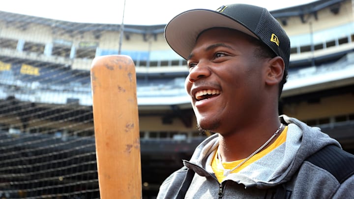 Pittsburgh Pirates first-round pick Termarr Johnson and fourth overall player drafted in the 2022 MLB Draft on the field before the Pirates host the Philadelphia Phillies at PNC Park. 
