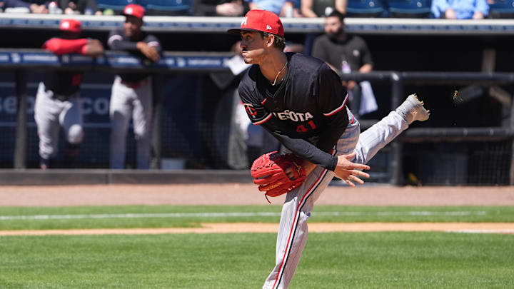 Mar 6, 2025; Tampa, Florida, USA; Minnesota Twins pitcher Joe Ryan (41) throws a pitch against the New York Yankees during the first inning at George M. Steinbrenner Field. Mar 6, 2025; Tampa, Florida, USA; Minnesota Twins pitcher Joe Ryan (41) throws a pitch against the New York Yankees during the first inning at George M. Steinbrenner Field.