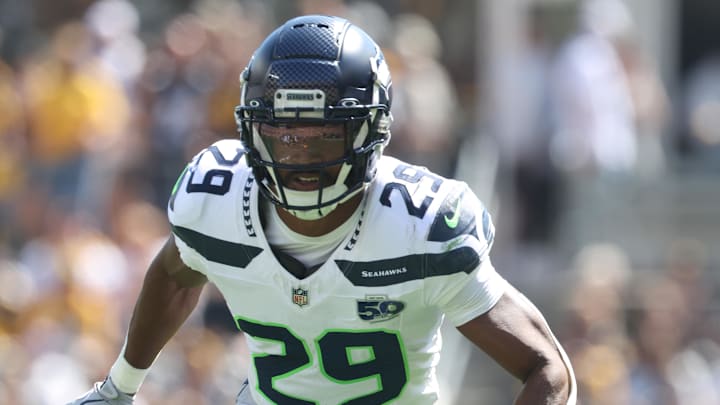 Sep 14, 2025; Pittsburgh, Pennsylvania, USA; Seattle Seahawks cornerback Josh Jobe (29) in pass coverage against the Pittsburgh Steelers during the second quarter at Acrisure Stadium. Mandatory Credit: Charles LeClaire-Imagn Images Sep 14, 2025; Pittsburgh, Pennsylvania, USA; Seattle Seahawks cornerback Josh Jobe (29) in pass coverage against the Pittsburgh Steelers during the second quarter at Acrisure Stadium. Mandatory Credit: Charles LeClaire-Imagn Images