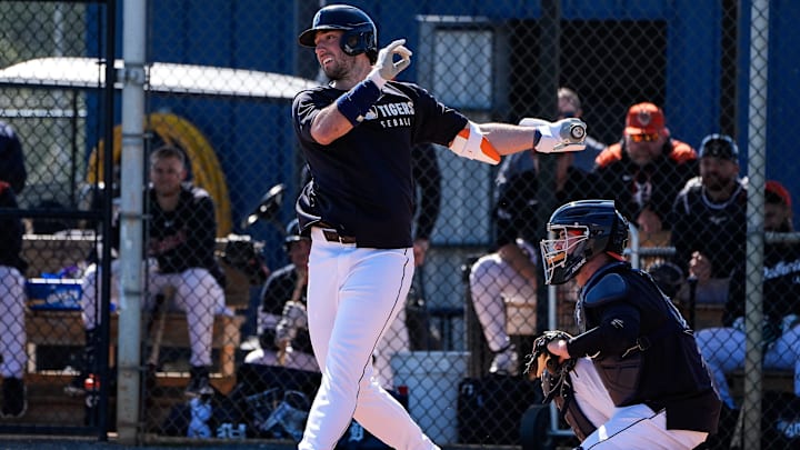 Detroit Tigers outfielder Matt Vierling bats during spring training at TigerTown in Lakeland, Fla. on Friday, Feb. 21, 2025. Detroit Tigers outfielder Matt Vierling bats during spring training at TigerTown in Lakeland, Fla. on Friday, Feb. 21, 2025.