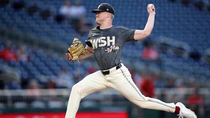 Sep 13, 2024; Washington, District of Columbia, USA; Washington Nationals pitcher DJ Herz (74) delivers a throw during the first inning of a baseball game against the Miami Marlins, at Nationals Park. Sep 13, 2024; Washington, District of Columbia, USA; Washington Nationals pitcher DJ Herz (74) delivers a throw during the first inning of a baseball game against the Miami Marlins, at Nationals Park.