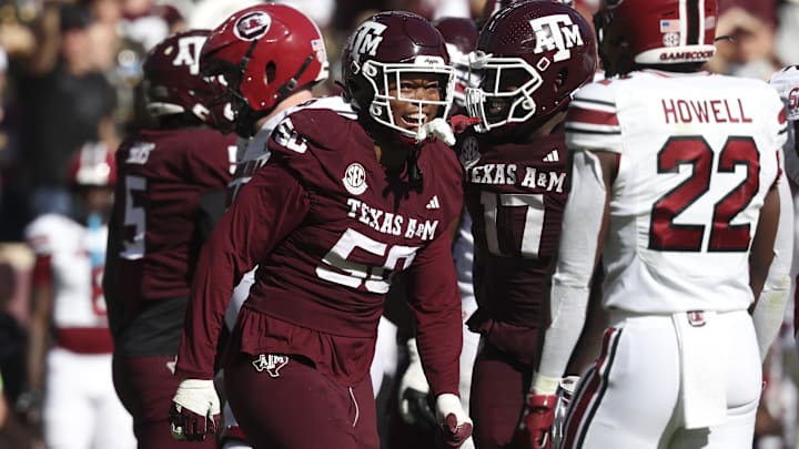 Texas A&M Aggies defensive end Dayon Hayes (50) reacts after making a tackle during the fourth quarter against the South Carolina Gamecocks at Kyle Field.