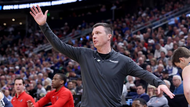 Mar 21, 2024; Salt Lake City, UT, USA; Samford Bulldogs head coach Bucky McMillan during the first half in the first round of the 2024 NCAA Tournament against the Samford Bulldogs at Vivint Smart Home Arena-Delta Center. Mandatory Credit: Rob Gray-Imagn Images