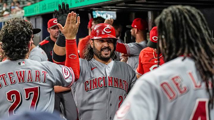 Sep 22, 2026; Cumberland, Georgia, USA; Cincinnati Reds third baseman Eugenio Suarez (28) reacts in the dugout after hitting a home run against the Atlanta Braves during the eighth inning at Truist Park. Mandatory Credit: Dale Zanine-Imagn Images Sep 22, 2026; Cumberland, Georgia, USA; Cincinnati Reds third baseman Eugenio Suarez (28) reacts in the dugout after hitting a home run against the Atlanta Braves during the eighth inning at Truist Park. Mandatory Credit: Dale Zanine-Imagn Images