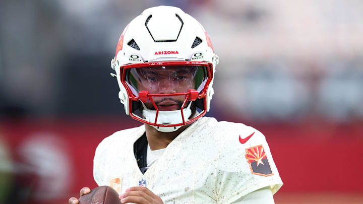 Sep 25, 2025; Glendale, Arizona, USA; Arizona Cardinals quarterback Kyler Murray (1) warms up before the game against the Seattle Seahawks at State Farm Stadium. Mandatory Credit: Mark J. Rebilas-Imagn Images