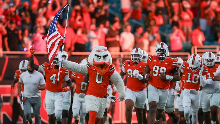 Oct 17, 2025; Miami Gardens, Florida, USA; Miami Hurricanes mascot Sebastian the Ibis runs on the field before the game against the Louisville Cardinals at Hard Rock Stadium. Mandatory Credit: Sam Navarro-Imagn Images